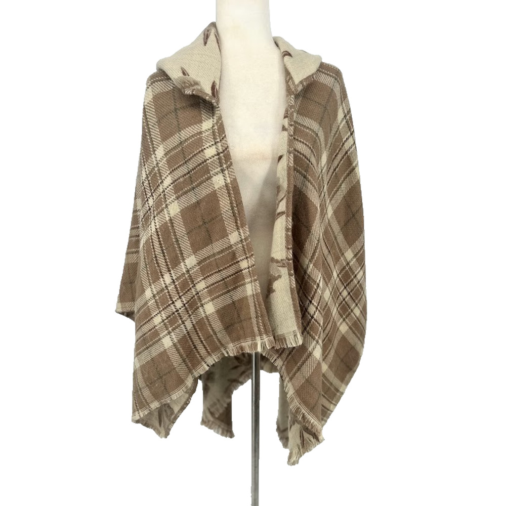 Simply Noelle Shabby Chic Soft Brown Plaid Floral Hooded Poncho Shaw One Size